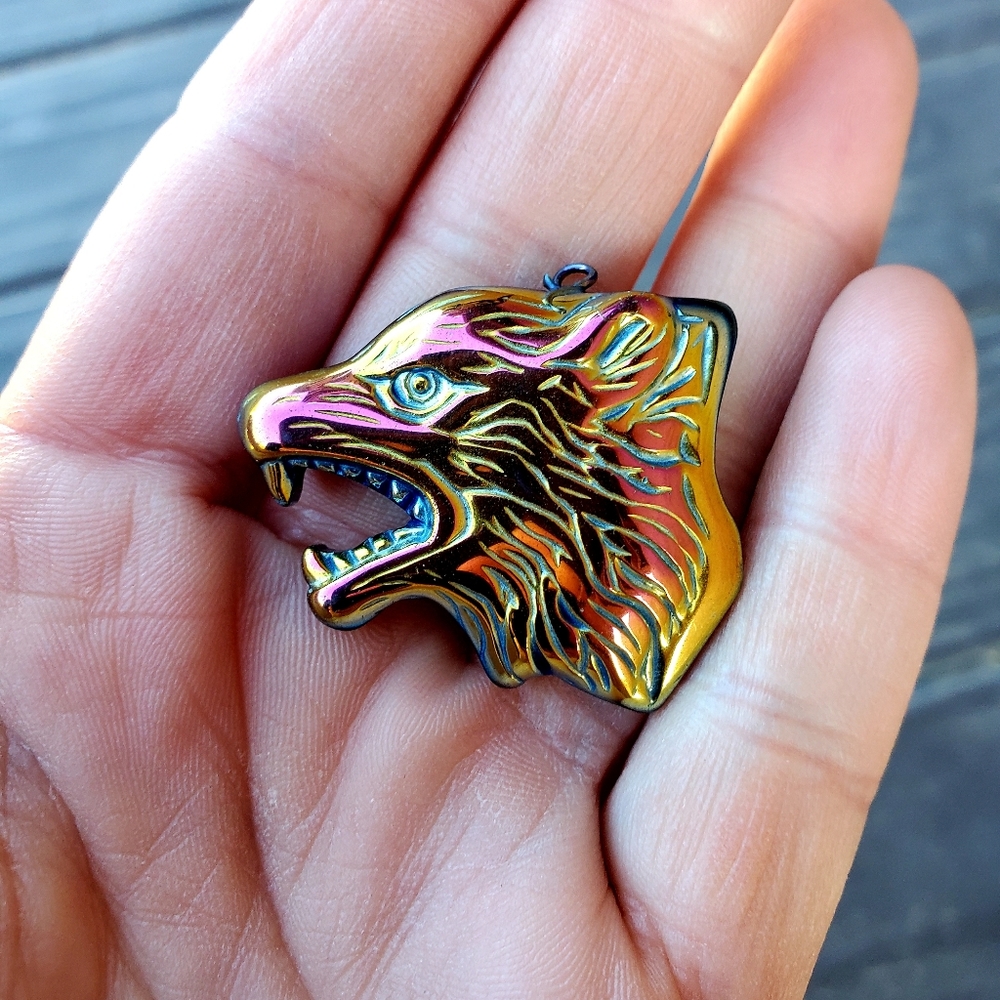 *$15 Sale* New Carved Rainbow Hematite Wolf Head Pendant.
